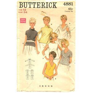 Butterick 4881 Womens Blouse Sewing Pattern Bust 34 Size 12 Multiple Styles Vint